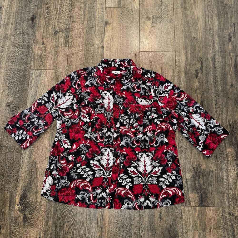 Croft & Barrow Button Up‎ Top Womens 1X Plus Bold Floral 3/4 Sleeve Soft Gothic